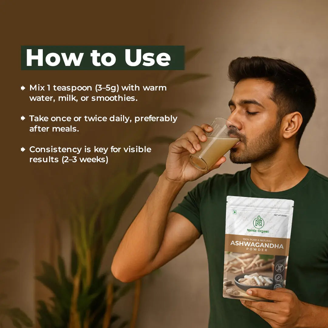 A man drinking Ashwagandha Powder, with a caption on how to use Ashwagandha Powder for health benefits.