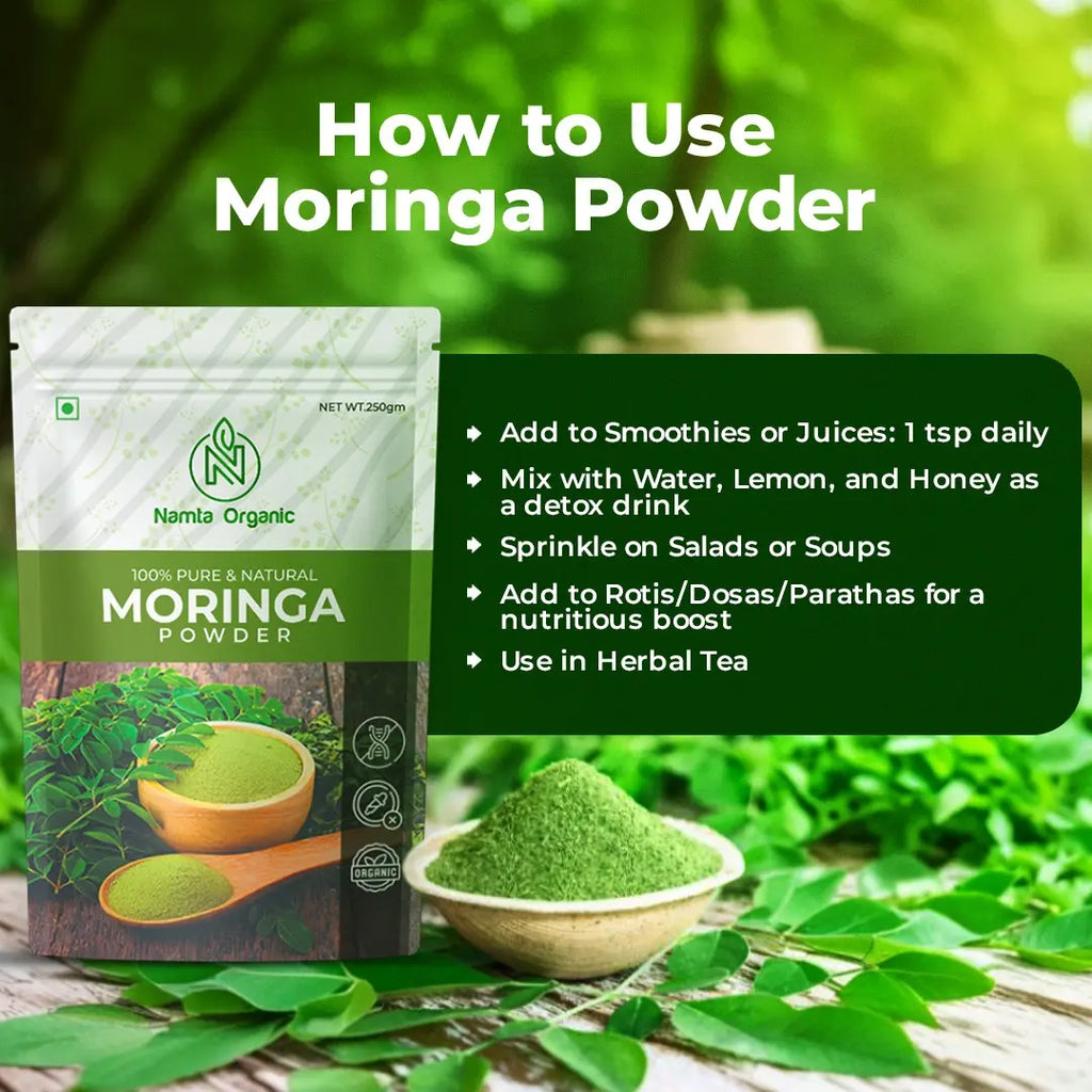 Diagram showing methods to utilize moringa powder in cooking and smoothies for added nutrition and flavor.