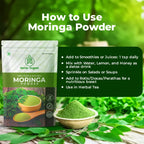 Diagram showing methods to utilize moringa powder in cooking and smoothies for added nutrition and flavor.