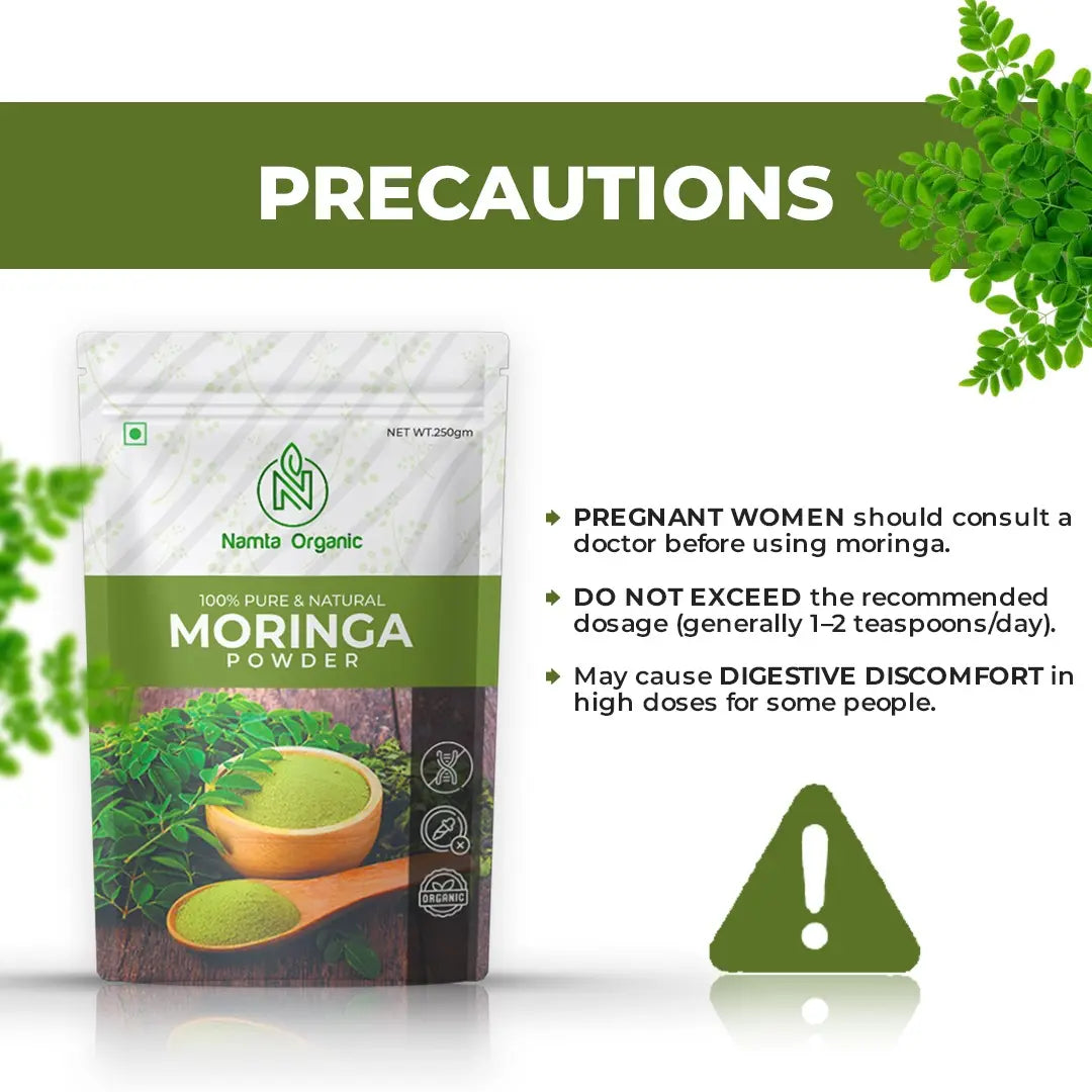 Moringa powder, surrounded by fresh moringa leaves, highlighting its Precautions.