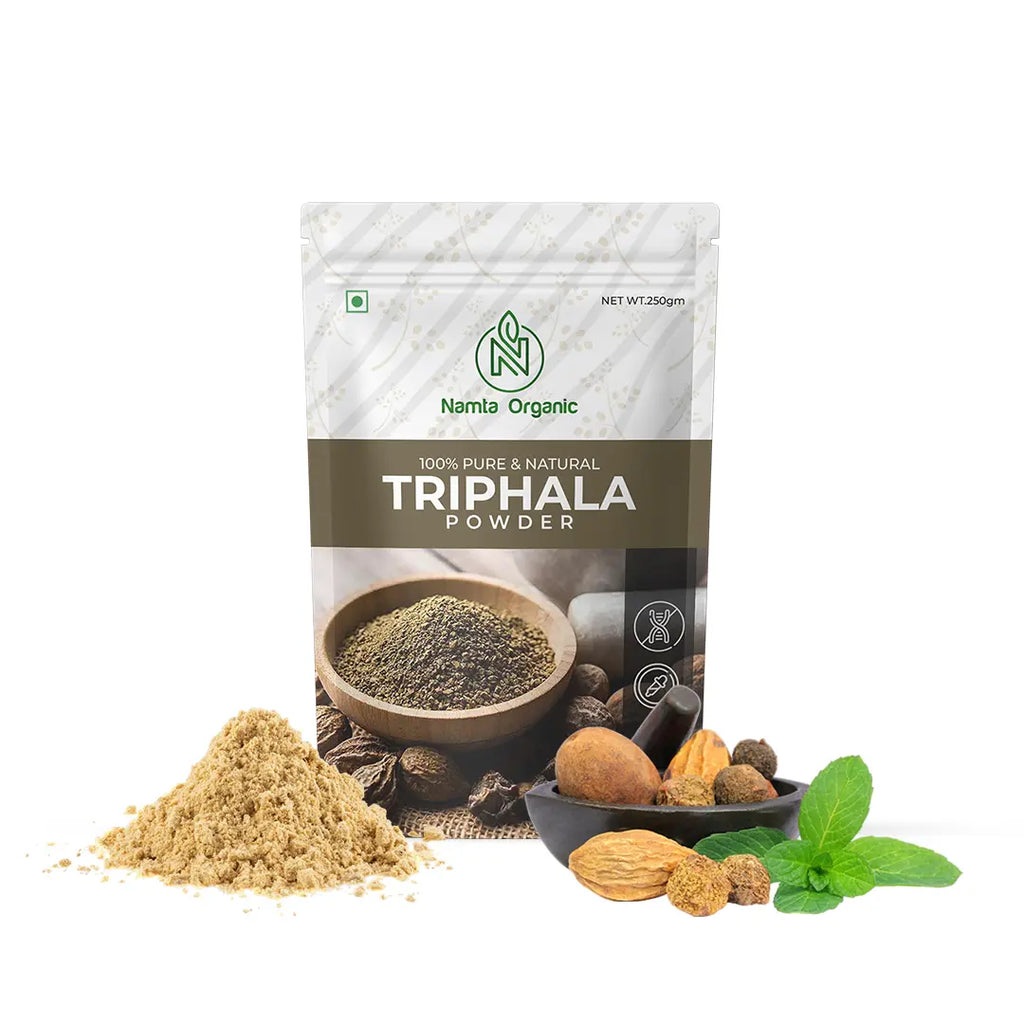 Organic triphala powder displayed in a bowl, emphasizing its rich brown hue and fine texture against a neutral background.