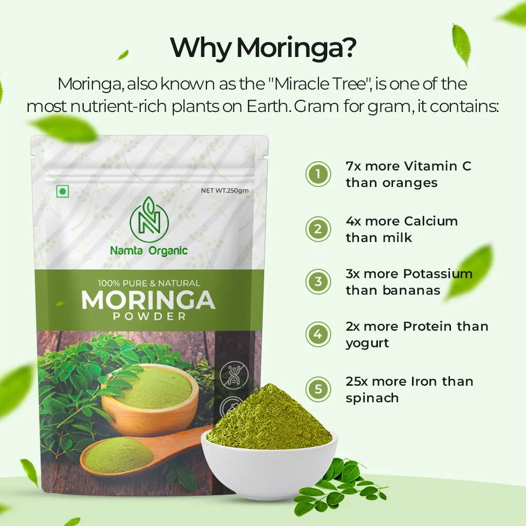 Visual titled "Why Moringa?" presenting key reasons to incorporate moringa into a healthy diet.