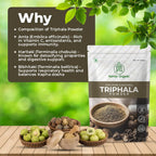 Packaging of Namta Organic Triphala Powder amid leaves and wooden surface. Text highlights benefits of Amla, Haritaki, Bibhitaki for health.