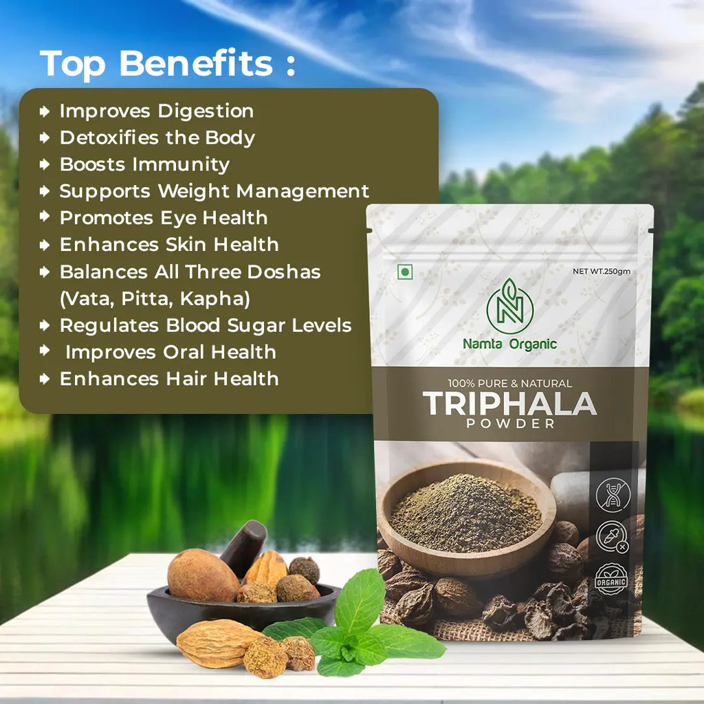 Packaging of Namta Organic Triphala Powder is shown with top benefits listed, such as digestion improvement and immunity boost. A bowl with herbs adds a natural touch.