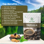 Packaging of Namta Organic Triphala Powder is shown with top benefits listed, such as digestion improvement and immunity boost. A bowl with herbs adds a natural touch.