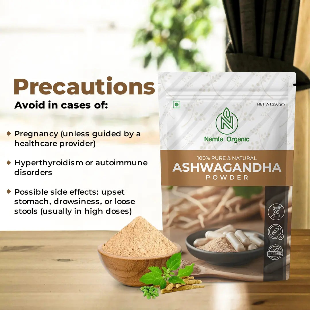 Ashwagandha powder in a small bowl, labeled as natural organic powder with a precaution note for safe use.