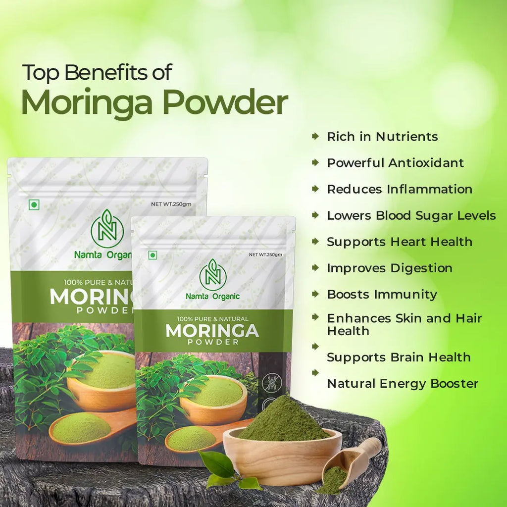 Infographic highlighting the top benefits of moringa powder, including nutrition, health, and wellness advantages.